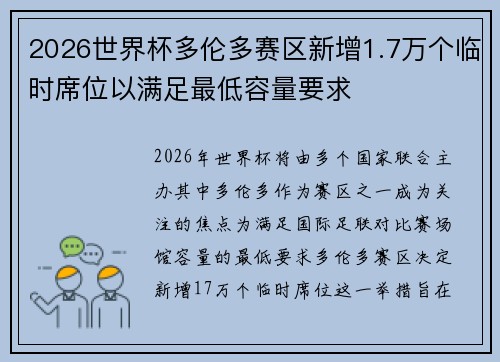 2026世界杯多伦多赛区新增1.7万个临时席位以满足最低容量要求