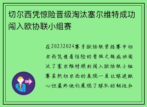 切尔西凭惊险晋级淘汰塞尔维特成功闯入欧协联小组赛